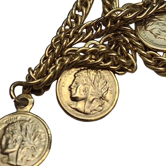 Vtg Mini Petite Francaise Republique Gold Tone Coin Long Necklace - Picture 3 of 7